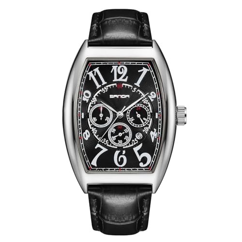 rorios Herren Tonneau Armbanduhren Analog Quarz Uhr Vintage Freizeit Uhr wasserdichte Datum Kalender Uhr mit Leder Armband für Männer Schwarz Silber von rorios