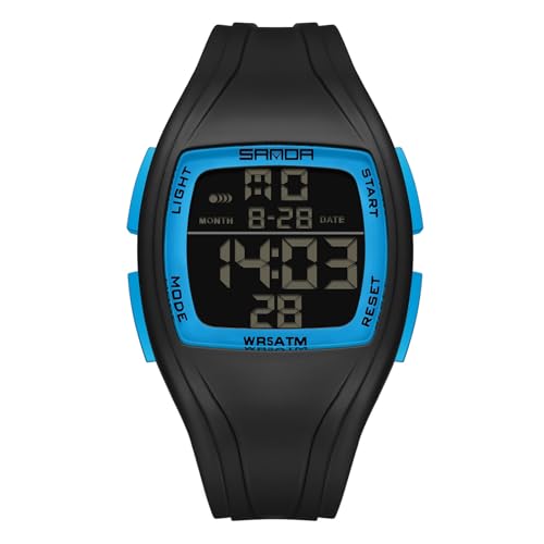 rorios Herren Tonneau Elektronische Uhren Freizeit Sport Armbanduhr Multifunktional Digital Uhr 50M wasserdichte Uhr für Männer Junge mit Gummi Armband Schwarz Blau von rorios