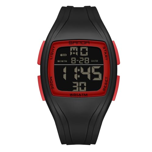 rorios Herren Tonneau Elektronische Uhren Freizeit Sport Armbanduhr Multifunktional Digital Uhr 50M wasserdichte Uhr für Männer Junge mit Gummi Armband Schwarz Rot von rorios