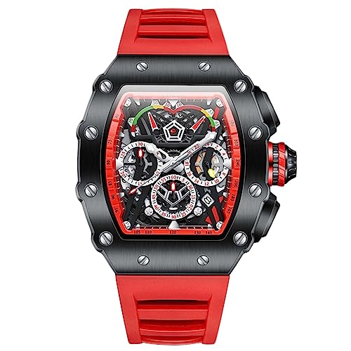 rorios Herren Tonneau Uhren Männer Analog Quarz Armbanduhren Multifunktional Chronograph Uhr Mode 50M wasserdichte Uhr mit Silikon Armband Schwarz Rot von rorios