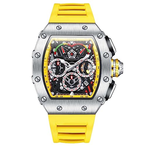 rorios Herren Tonneau Uhren Männer Analog Quarz Armbanduhren Multifunktional Chronograph Uhr Mode 50M wasserdichte Uhr mit Silikon Armband Silber gelb von rorios