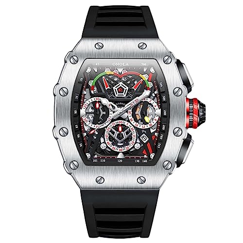 rorios Herren Tonneau Uhren Männer Analog Quarz Armbanduhren Multifunktional Chronograph Uhr Mode 50M wasserdichte Uhr mit Silikon Armband Silber schwarz von rorios
