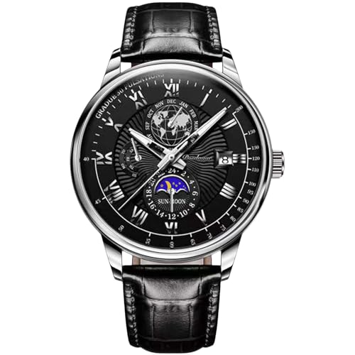 rorios Herren Vintage Uhr Analog Quarz Armbanduhr Datum wasserdichte Leuchtend Uhr Elegante Edelstahl Herrenuhren mit Leder Armband Silber Schwarz von rorios