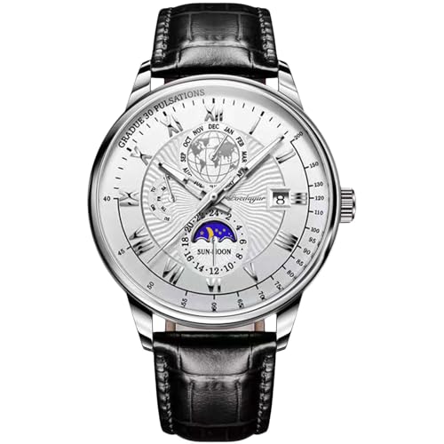 rorios Herren Vintage Uhr Analog Quarz Armbanduhr Datum wasserdichte Leuchtend Uhr Elegante Edelstahl Herrenuhren mit Leder Armband Silber Weiß von rorios