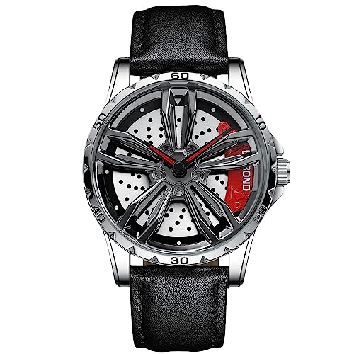 RORIOS Herrenuhr Auto Rad Felgennabe Analog Quarz Armbanduhr - Mode Sport Uhr 3ATM Wasserdicht Männer Skelett Mit Leder Armband von rorios