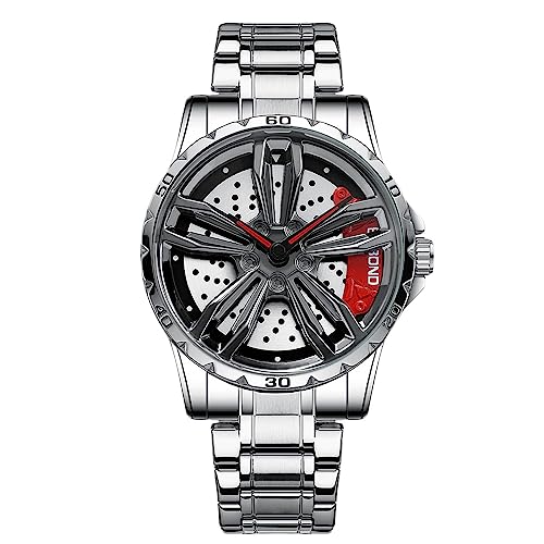 rorios Herrenuhren Auto Rad Felgennabe Uhr Analoge Quarz Armbanduhr Mode Sport Uhren 3ATM wasserdichte Uhr Männer Skelett mit Edelstahl Armband von rorios