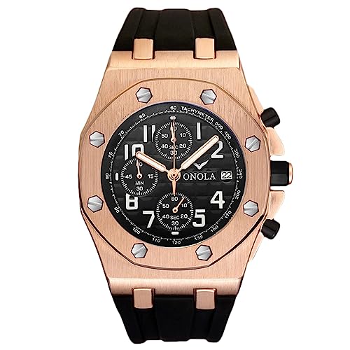 rorios Herrenuhren Portliche Analog Quarz Uhr Mode Chronograph Armbanduhr multifunktional wasserdichte Quarz Casual Gummiarmband Uhr Roségold Schwarz von rorios