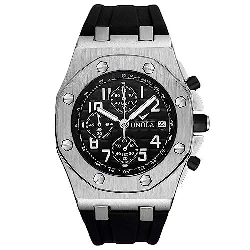 rorios Herrenuhren Portliche Analog Quarz Uhr Mode Chronograph Armbanduhr multifunktional wasserdichte Quarz Casual Gummiarmband Uhr Silber Schwarz von rorios