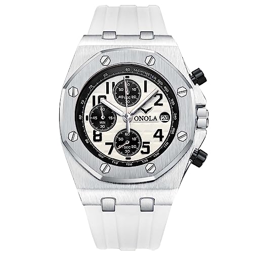 rorios Herrenuhren Portliche Analog Quarz Uhr Mode Chronograph Armbanduhr multifunktional wasserdichte Quarz Casual Gummiarmband Uhr Weiß von rorios