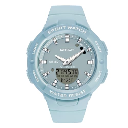 rorios Mädchen Elektronische Uhren Digital Analog Quarz Armbanduhr Damen Einfach Uhr Harz 50M wasserdichte Uhr Multifunktional Militär Uhr für Frauen Blau von rorios