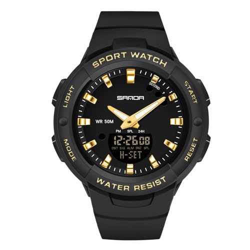 rorios Mädchen Elektronische Uhren Digital Analog Quarz Armbanduhr Damen Einfach Uhr Harz 50M wasserdichte Uhr Multifunktional Militär Uhr für Frauen Schwarz Gold von rorios