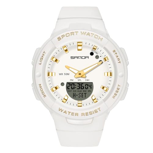 rorios Mädchen Elektronische Uhren Digital Analog Quarz Armbanduhr Damen Einfach Uhr Harz 50M wasserdichte Uhr Multifunktional Militär Uhr für Frauen Weiß Gold von rorios