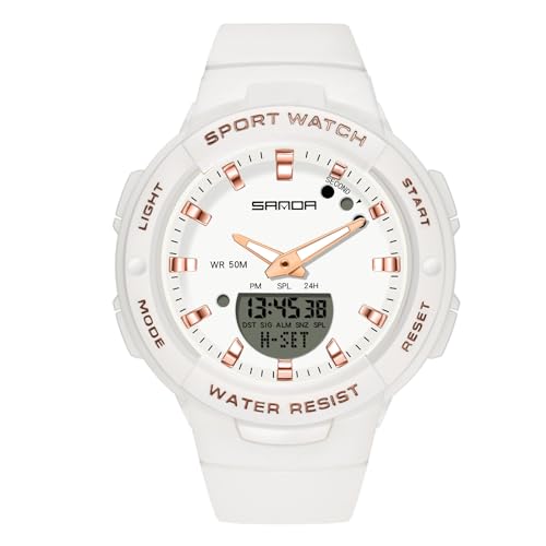 rorios Mädchen Elektronische Uhren Digital Analog Quarz Armbanduhr Damen Einfach Uhr Harz 50M wasserdichte Uhr Multifunktional Militär Uhr für Frauen Weiß Roségold von rorios