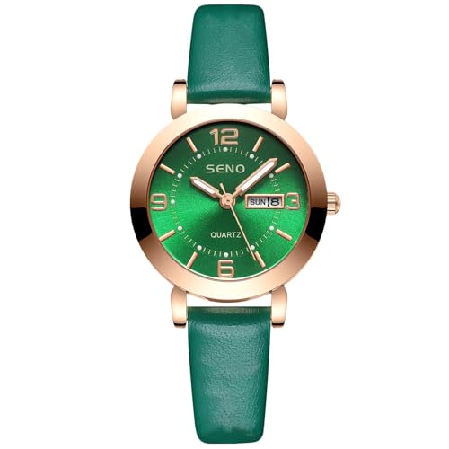 rorios Mädchen Minimalistische Armbanduhr Damen Analoge Quarzuhr Datum Kalender Leuchtend Uhr Business Damenuhr mit Leder Armband Grün B von rorios