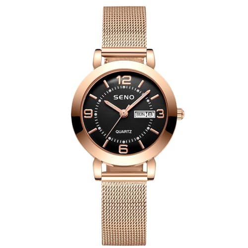 rorios Mädchen Minimalistische Armbanduhr Damen Analoge Quarzuhr Datum Kalender Leuchtend Uhr Business Damenuhr mit Mesh Armband Schwarz A von rorios