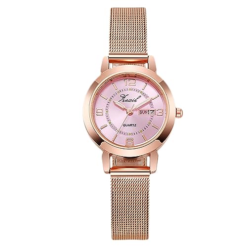 rorios Mädchen Minimalistische Armbanduhr Damen Analoge Quarzuhr wasserdichte Mesh Armbanduhr Frauen Roségold Uhr Woche Datum Kalender Rosa von rorios