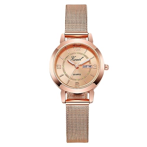 rorios Mädchen Minimalistische Armbanduhr Damen Analoge Quarzuhr wasserdichte Mesh Armbanduhr Frauen Roségold Uhr Woche Datum Kalender Roségold von rorios