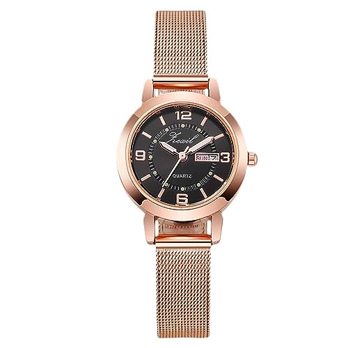 rorios Mädchen Minimalistische Armbanduhr Damen Analoge Quarzuhr wasserdichte Mesh Armbanduhr Frauen Roségold Uhr Woche Datum Kalender Schwarz von rorios