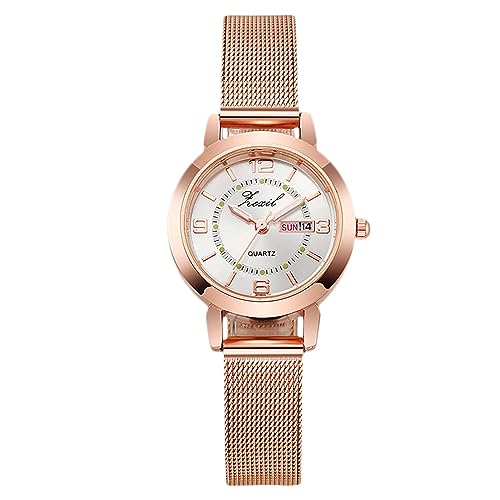 rorios Mädchen Minimalistische Armbanduhr Damen Analoge Quarzuhr wasserdichte Mesh Armbanduhr Frauen Roségold Uhr Woche Datum Kalender Weiß von rorios