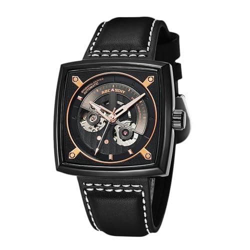 rorios Mechanische Herren Uhr Quadratische Automatikuhr mit Leuchtfunktion Wasserdicht Watches Großem Zifferblatt & Leder Armband Schwarz von rorios