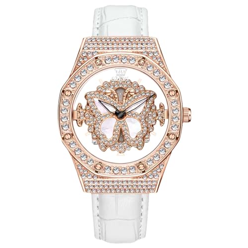 rorios Mode Armbanduhren für Damen Voll Diamant Uhr Analog Quarz Uhren Frauen Dress Uhr Strass Zifferblatt Uhr mit Leder Armband Roségold A von rorios