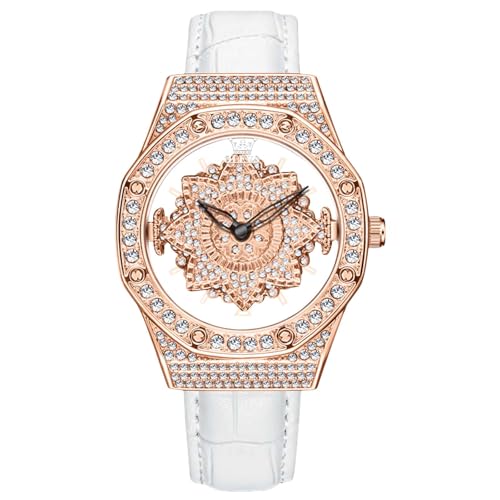 rorios Mode Armbanduhren für Damen Voll Diamant Uhr Analog Quarz Uhren Frauen Dress Uhr Strass Zifferblatt Uhr mit Leder Armband Roségold B von rorios
