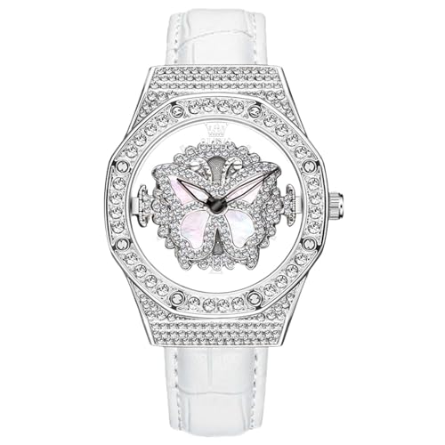 rorios Mode Armbanduhren für Damen Voll Diamant Uhr Analog Quarz Uhren Frauen Dress Uhr Strass Zifferblatt Uhr mit Leder Armband Weiß A von rorios