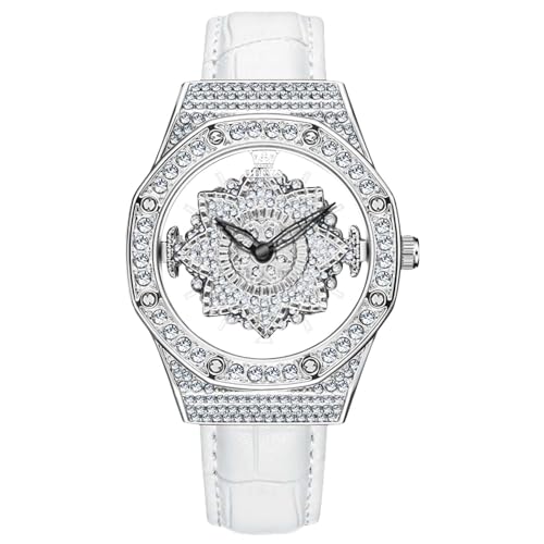 rorios Mode Armbanduhren für Damen Voll Diamant Uhr Analog Quarz Uhren Frauen Dress Uhr Strass Zifferblatt Uhr mit Leder Armband Weiß B von rorios