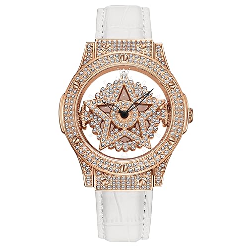 rorios Mode Armbanduhren für Damen Voll Diamant Uhr Frauen Analog Quarz Uhren Spezielle Design Uhr Wasserdicht Leder Armband Strass Zifferblatt Uhr Roségold A von rorios