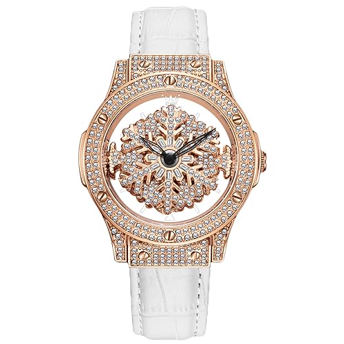 rorios Mode Armbanduhren für Damen Voll Diamant Uhr Frauen Analog Quarz Uhren Spezielle Design Uhr Wasserdicht Leder Armband Strass Zifferblatt Uhr Roségold B von rorios