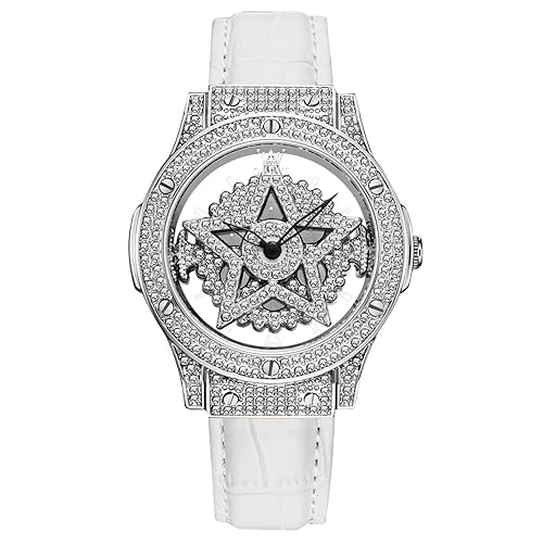 rorios Mode Armbanduhren für Damen Voll Diamant Uhr Frauen Analog Quarz Uhren Spezielle Design Uhr Wasserdicht Leder Armband Strass Zifferblatt Uhr Weiß A von rorios