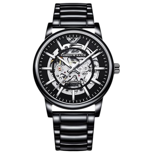 rorios Mode Automatik Uhr Mechanische Armbanduhren für Herren Analog Minimalistisch Uhren Leuchtend Skelett Herrenuhren mit Edelstahl Armband Schwarz A von rorios