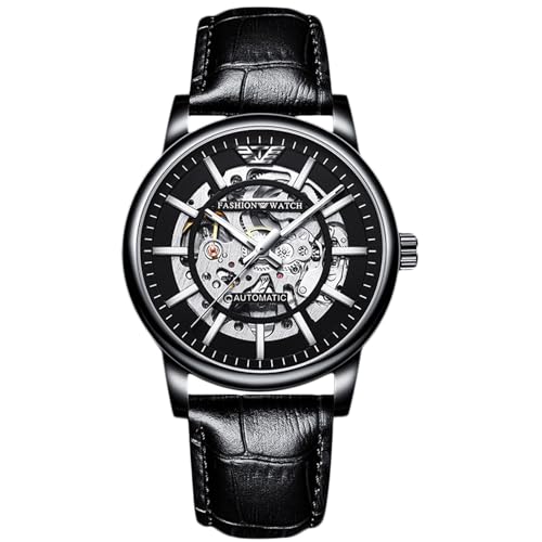 rorios Mode Automatik Uhr Mechanische Armbanduhren für Herren Analog Minimalistisch Uhren Leuchtend Skelett Herrenuhren mit Leder Armband Schwarz B von rorios