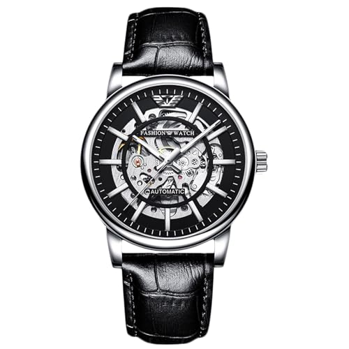 rorios Mode Automatik Uhr Mechanische Armbanduhren für Herren Analog Minimalistisch Uhren Leuchtend Skelett Herrenuhren mit Leder Armband Silber B von rorios