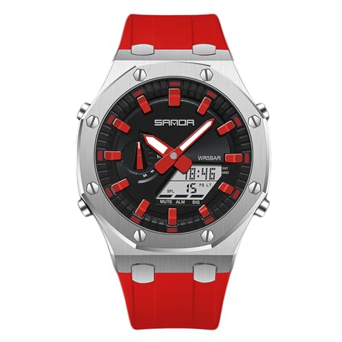 rorios Mode Herren für Uhren Multifunktional Elektronische Armbanduhr 5ATM Silikon Armband Uhr Digital Analog Quarz Uhr Trendige Dual Display Herrenuhren Rot A von rorios