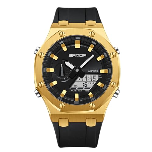 rorios Mode Herren für Uhren Multifunktional Elektronische Armbanduhr 5ATM Silikon Armband Uhr Digital Analog Quarz Uhr Trendige Dual Display Herrenuhren Schwarz Gold A von rorios