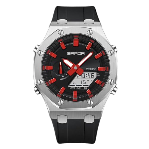 rorios Mode Herren für Uhren Multifunktional Elektronische Armbanduhr 5ATM Silikon Armband Uhr Digital Analog Quarz Uhr Trendige Dual Display Herrenuhren Schwarz Rot A von rorios