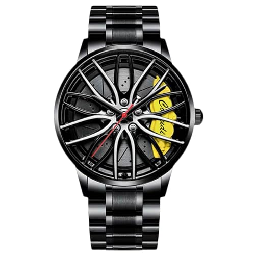 rorios Mode Herrenuhren Analoge Quarz Armbanduhr Car Hub Design Uhren Cool wasserdichte Uhr mit Edelstahl Armband für Männer Gelb A von rorios