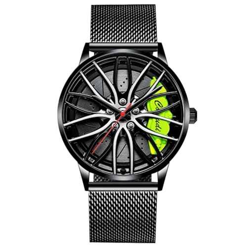 rorios Mode Herrenuhren Analoge Quarz Armbanduhr Car Hub Design Uhren Cool wasserdichte Uhr mit Edelstahl Mesh Armband für Männer Grün B von rorios