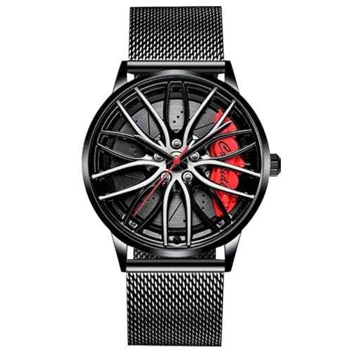 rorios Mode Herrenuhren Analoge Quarz Armbanduhr Car Hub Design Uhren Cool wasserdichte Uhr mit Edelstahl Mesh Armband für Männer Rot B von rorios