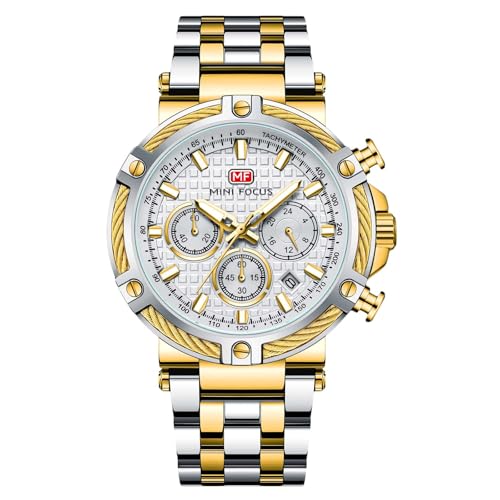 rorios Mode Herrenuhren Business Edelstahl Armbanduhr Multifunktional Analog Quarz Uhr Leuchtend Datum Kalender Uhren für Herren Männer Weiß Gold von rorios