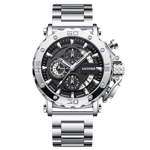 rorios Mode Herrenuhren Multifunktional Edelstahl Armbanduhr Business Analog Quarz Uhr Leuchtend Datum Kalender Uhren für Herren Männer Silber Schwarz von rorios
