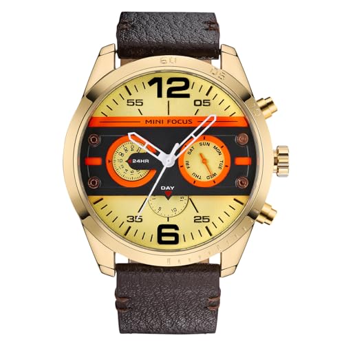 rorios Mode Herrenuhren Multifunktional Leder Armband Uhren für Männer Analoge Quarz Armbanduhren Edelstahl Herren Freizeit Uhr Gelb von rorios