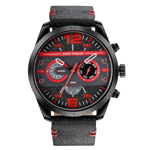 rorios Mode Herrenuhren Multifunktional Leder Armband Uhren für Männer Analoge Quarz Armbanduhren Edelstahl Herren Freizeit Uhr Rot von rorios