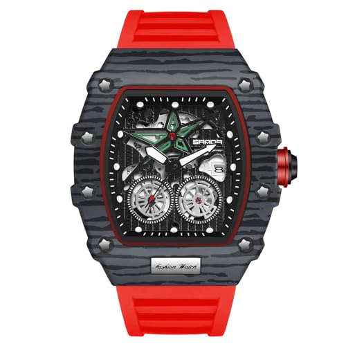 rorios Mode Tonneau Armbanduhren für Herren Punk Hollow Uhr Analog Quarz Uhr Leuchtend Datum Kalender Uhr Männer Silikon Armband Uhren Rot von rorios