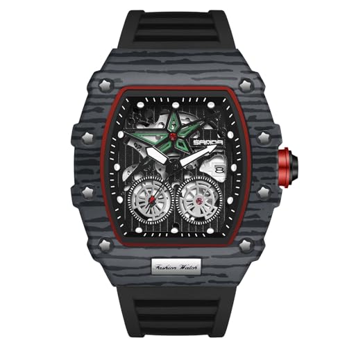 rorios Mode Tonneau Armbanduhren für Herren Punk Hollow Uhr Analog Quarz Uhr Leuchtend Datum Kalender Uhr Männer Silikon Armband Uhren Schwarz von rorios