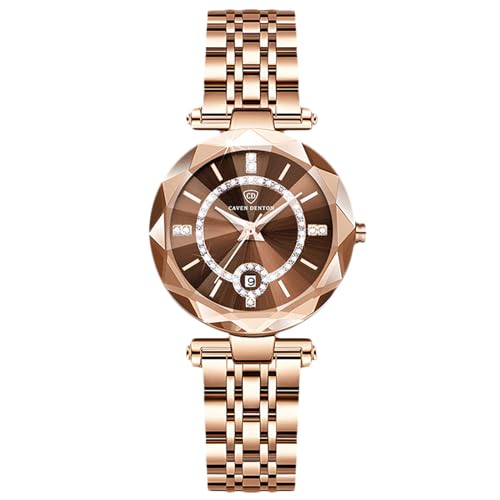 rorios Modische Armbanduhren für Damen Analog Quarz Uhr Frauen Elegant Uhren Rotgold Edelstahl Uhr Einfache Datum Kalender Damenuhren Braun von rorios