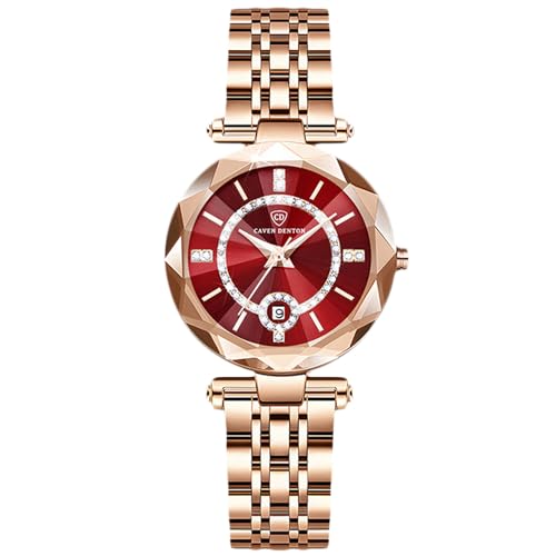 rorios Modische Armbanduhren für Damen Analog Quarz Uhr Frauen Elegant Uhren Rotgold Edelstahl Uhr Einfache Datum Kalender Damenuhren Rot von rorios