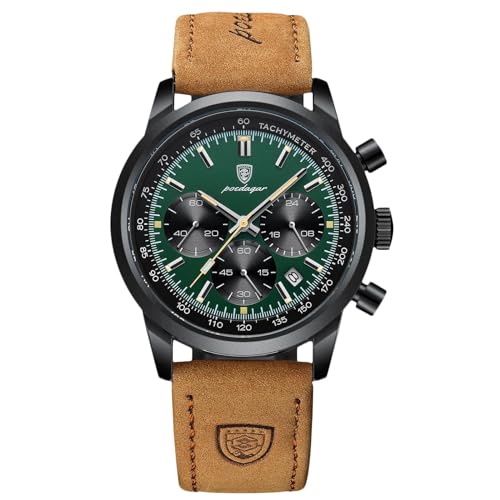 rorios Multifunktional Herrenuhren Analog Quarz Armbanduhr Freizeit Chronograph Uhr Klassische Edelstahl Uhr für Herren Männer mit Leder Armband Grün von rorios