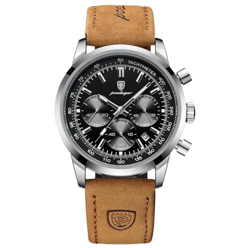 rorios Multifunktional Herrenuhren Analog Quarz Armbanduhr Freizeit Chronograph Uhr Klassische Edelstahl Uhr für Herren Männer mit Leder Armband Silber Schwarz von rorios